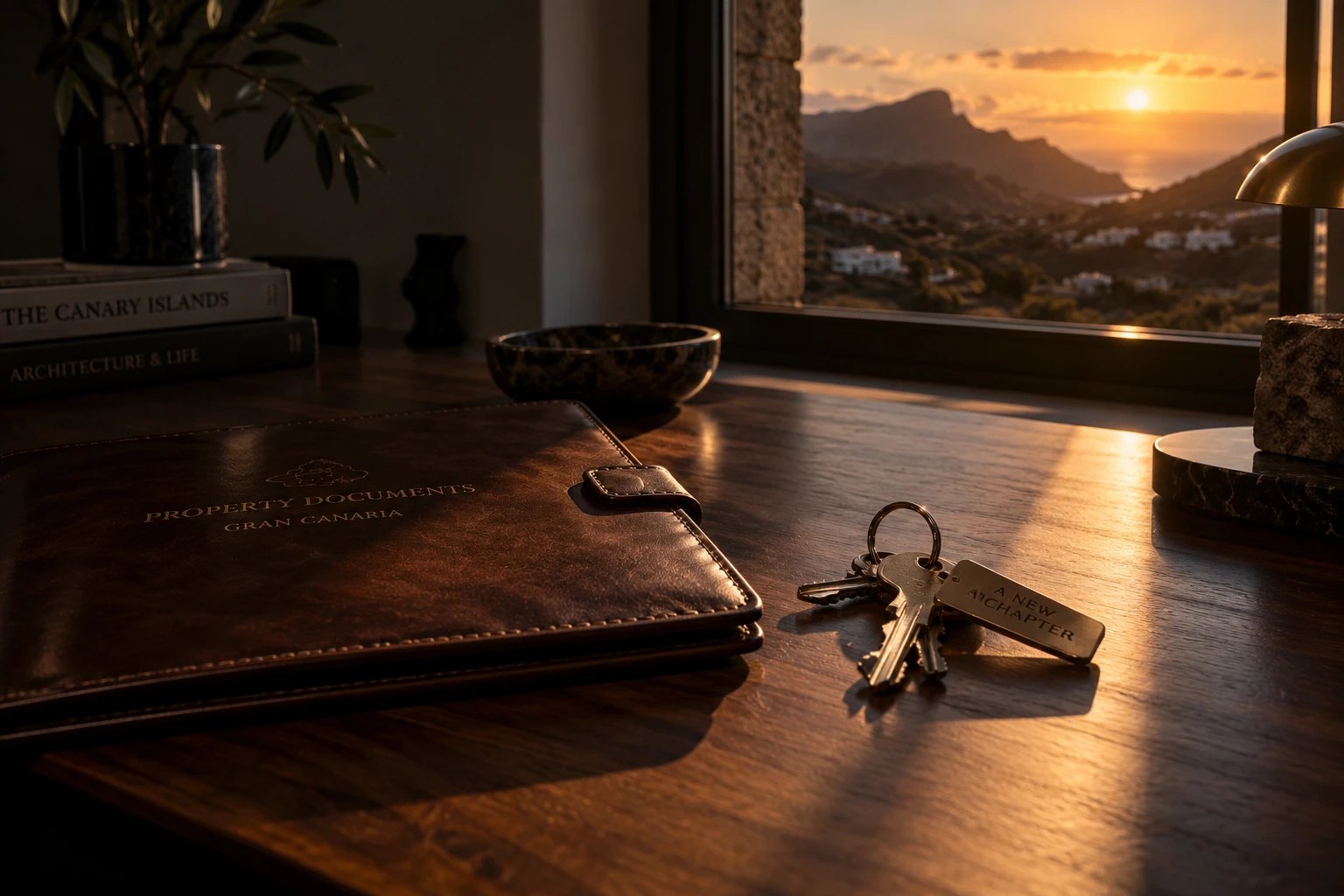 Carpeta de documentos de la propiedad y unas llaves sobre una mesa de madera, con las montañas de Gran Canaria al atardecer